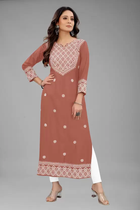 Women Embroidered Cotton Rayon Straight Kurta  (Multicolor)