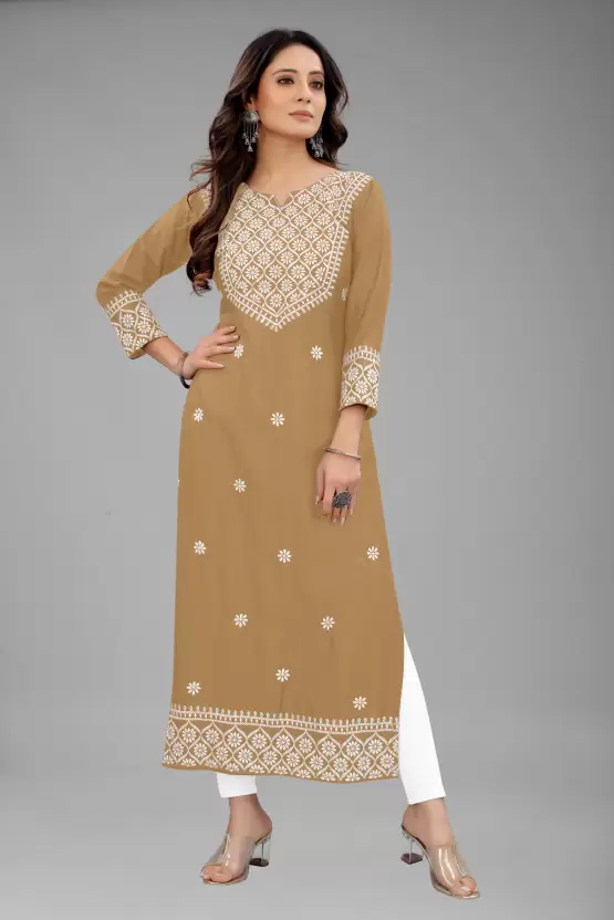 Women Embroidered Cotton Rayon Straight Kurta  (Multicolor)