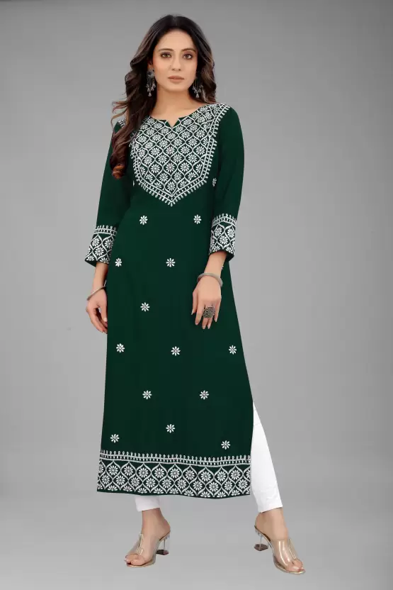 Women Embroidered Cotton Rayon Straight Kurta  (Multicolor)